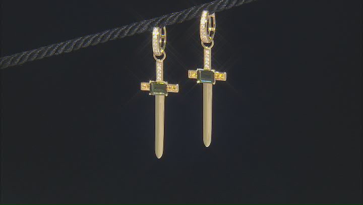 Green Moldavite 18k Yellow Gold Over Silver Cross Earrings 3.07ctw