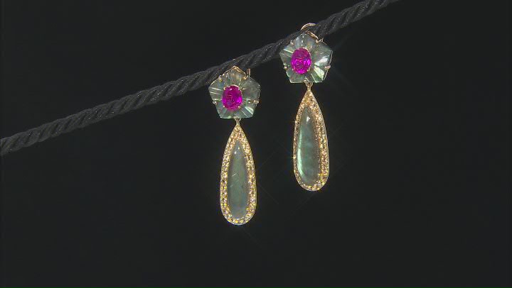 Gray Labradorite, Lab Pink Sapphire & Citrine 18k Yellow Gold Over Silver Floral Earrings 6.20ctw Video Thumbnail