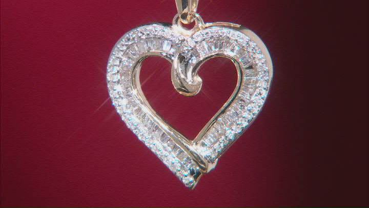 Baguette And Round White Diamond 10k Yellow Gold Heart Pendant With Chain 0.50ctw