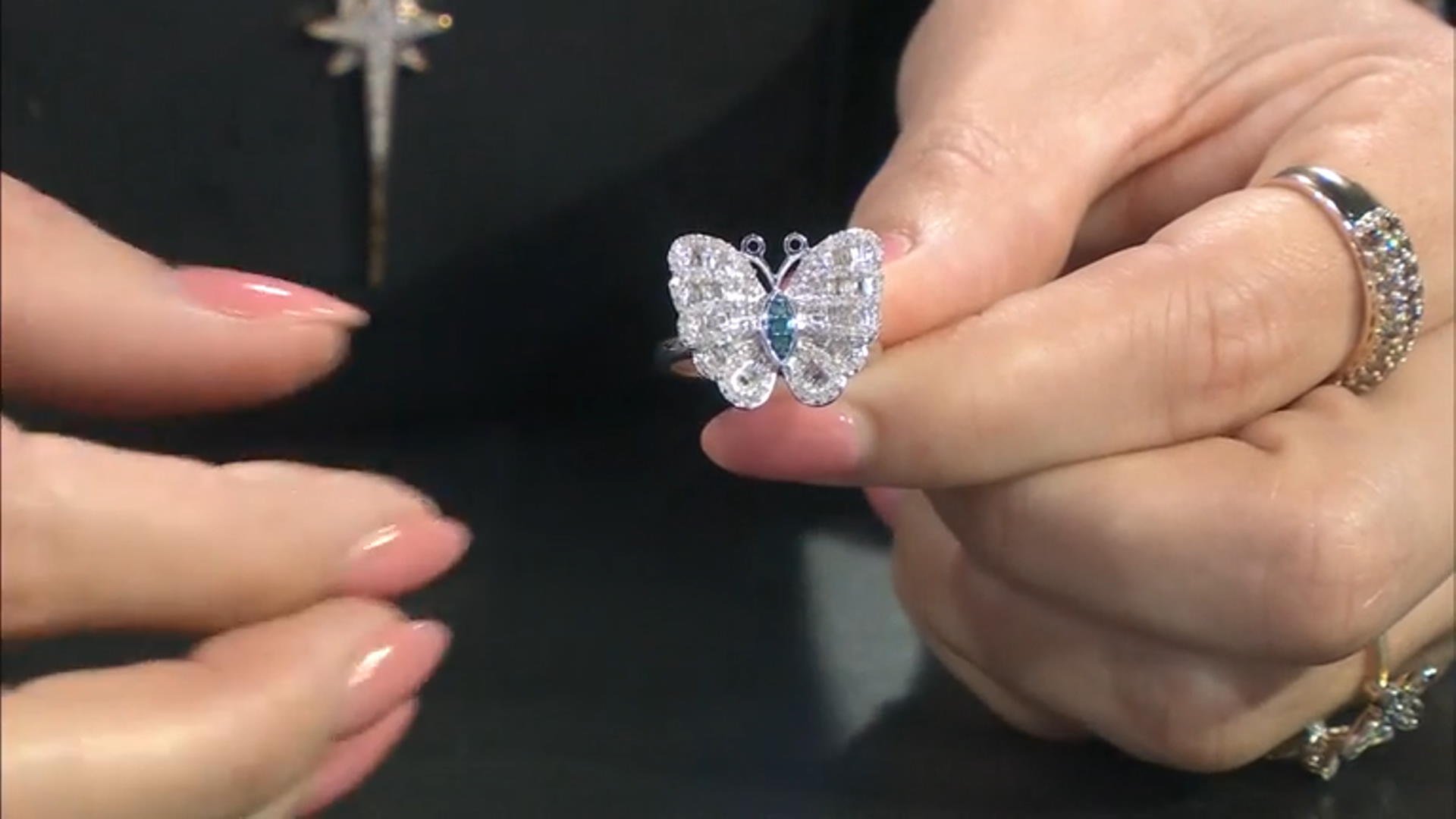 White And Blue Diamond Rhodium Over Sterling Silver Butterfly Ring 0.60ctw Video Thumbnail