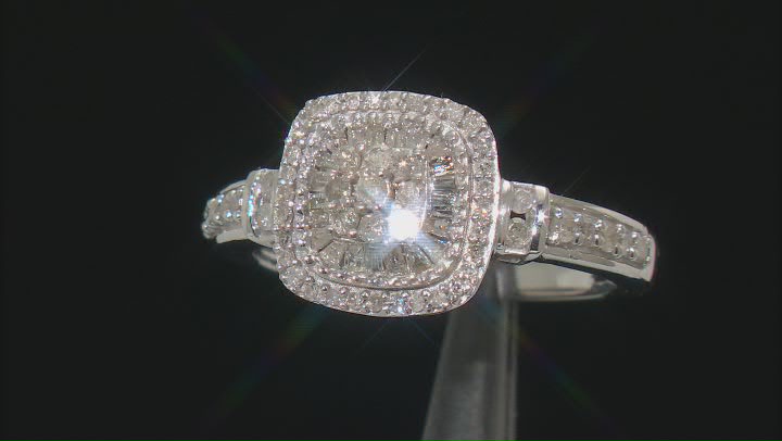 White Diamond Rhodium Over Sterling Silver Halo Ring 0.55ctw Video Thumbnail