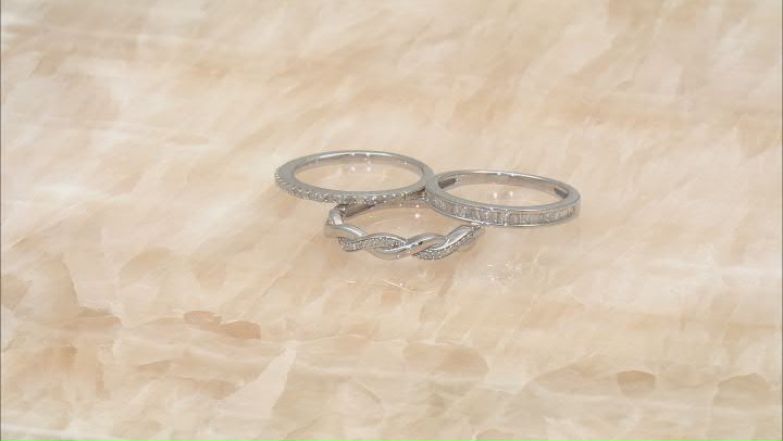White Diamond Rhodium Over Sterling Silver Set of 3 Band Rings 0.50ctw Video Thumbnail