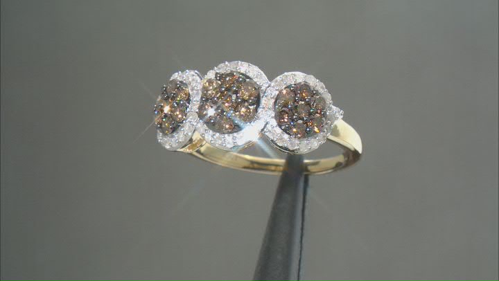 Champagne And White Diamond 10k Yellow Gold Cluster Ring 1.00ctw Video Thumbnail