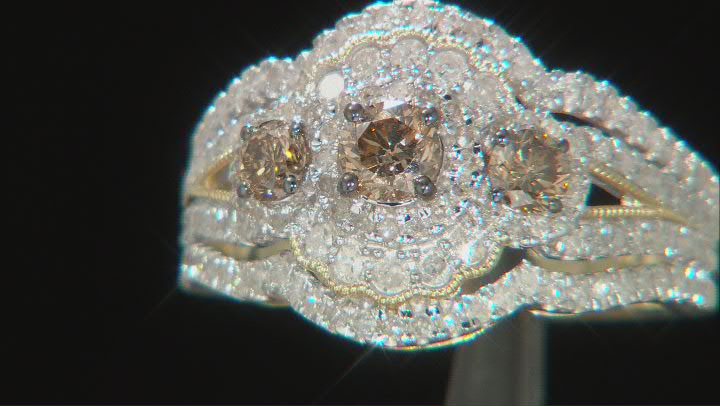Champagne and White Diamond 10k Yellow Gold Cluster Ring 1.50ctw Video Thumbnail