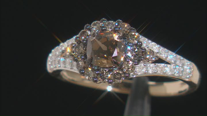 Champagne And White Diamond 10k Yellow Gold Halo Ring 1.30ctw Video Thumbnail
