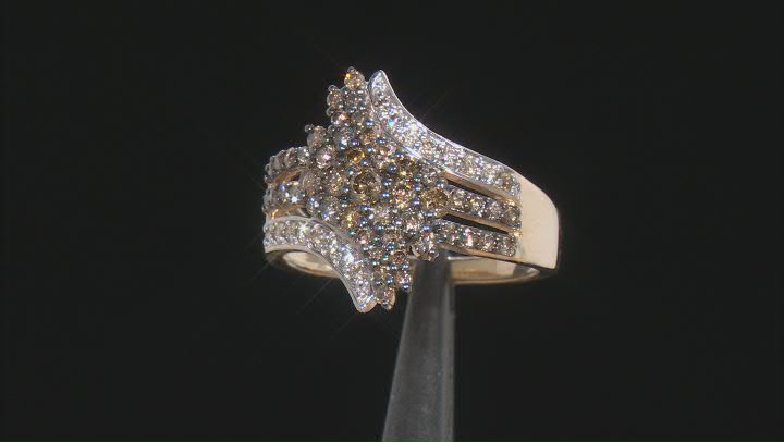 Shades Of Champagne Diamond 10k Yellow Gold Cluster Bypass Ring 0.85ctw Video Thumbnail