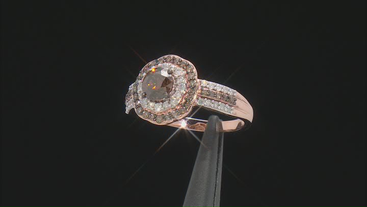 Champagne And White Diamond 10k Rose Gold Halo Ring 1.15ctw Video Thumbnail