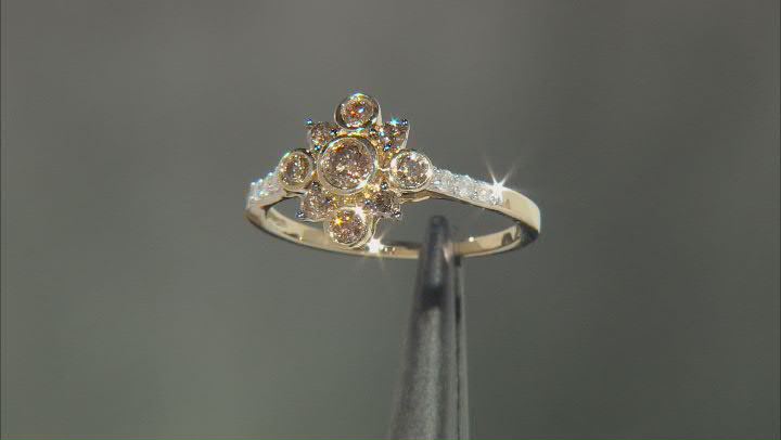 Champagne And White Diamond 10k Yellow Gold Cluster Ring 0.45ctw Video Thumbnail