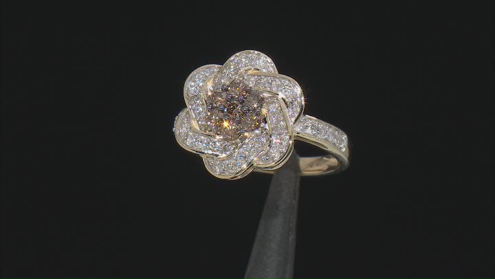 Champagne And White Diamond 10k Yellow Gold Cluster Ring 1.00ctw Video Thumbnail