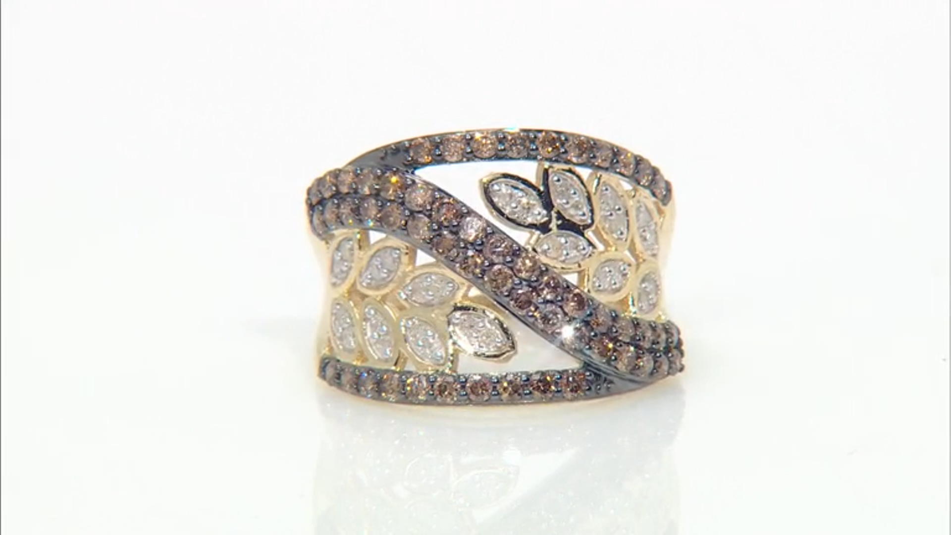 Champagne And White Diamond 10k Yellow Gold Leaf Design Ring 1.00ctw Video Thumbnail