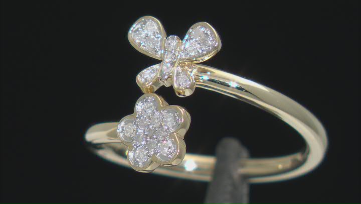 White Diamond 10k Yellow Gold Floral Butterfly Cuff Ring 0.10ctw Video Thumbnail