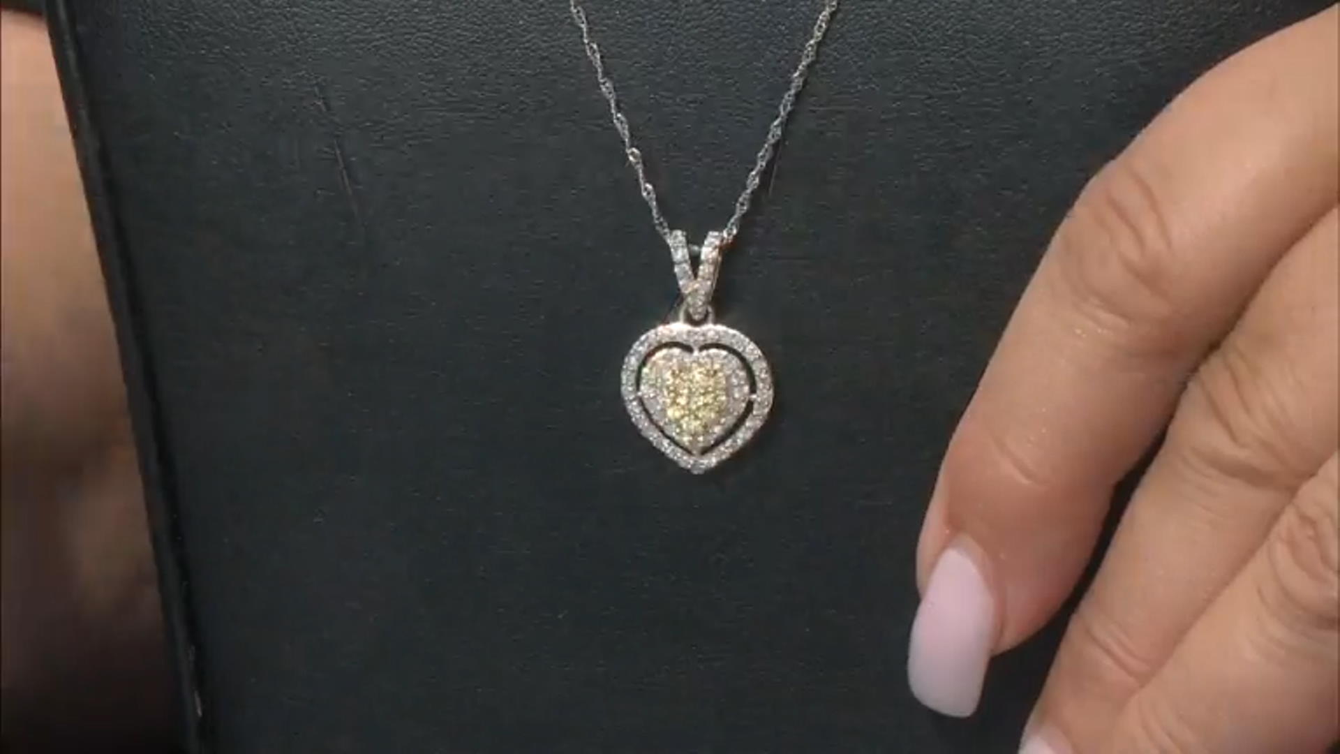 Natural Yellow And White Diamond 10k White Gold Heart Pendant With 18" Singapore Chain 0.85ctw Video Thumbnail