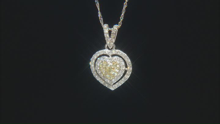 Natural Yellow And White Diamond 10k White Gold Heart Pendant With 18" Singapore Chain 0.85ctw Video Thumbnail