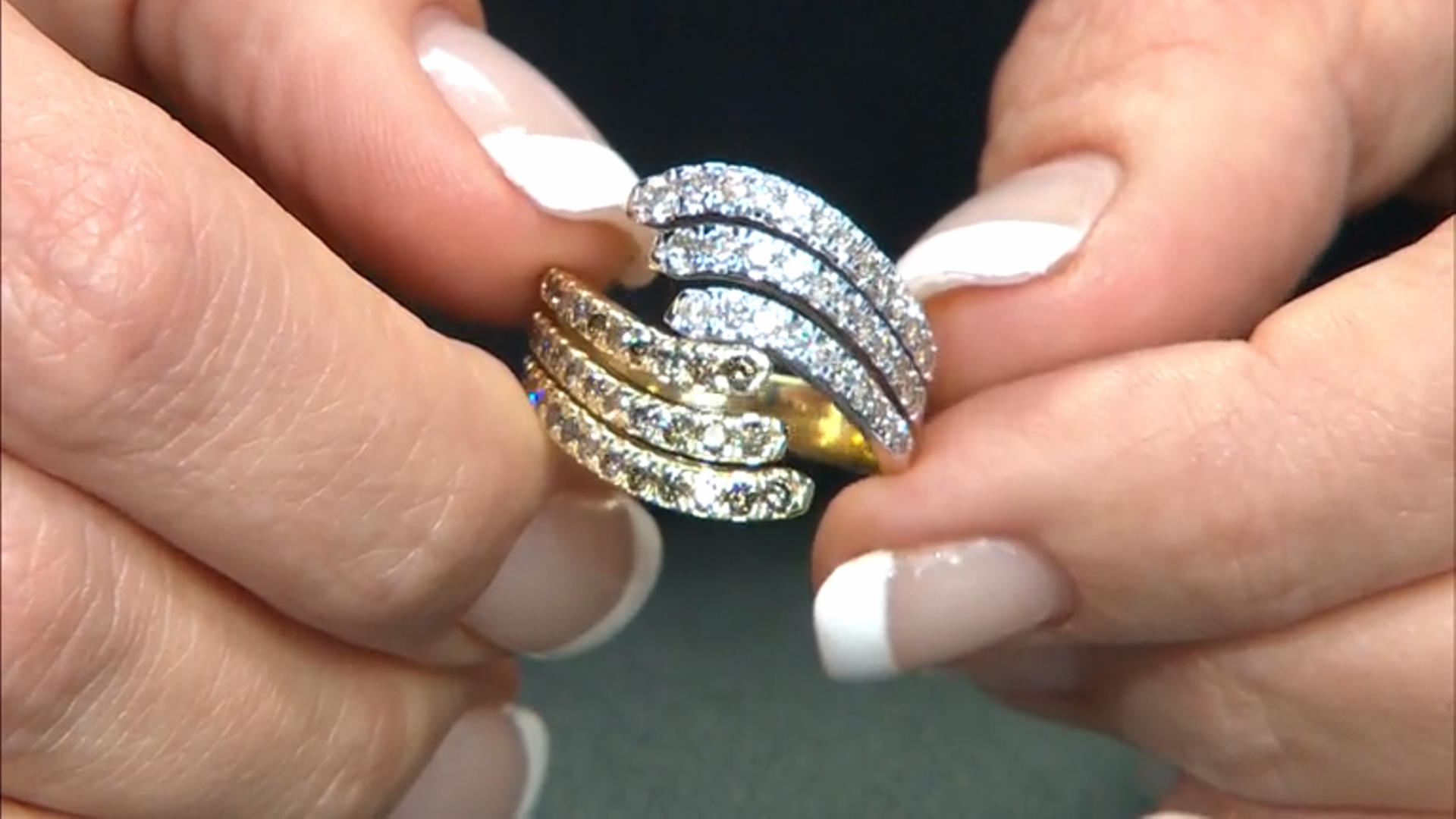Champagne & White Diamond 10k Yellow Gold Bypass Ring 1.50ctw Video Thumbnail