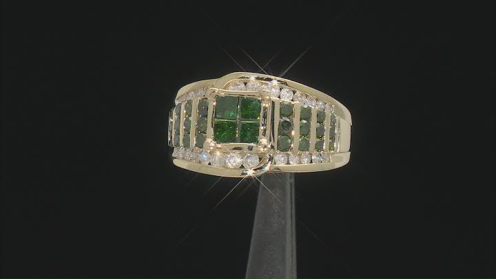 Princess Cut & Round Green And White Diamond 10k Yellow Gold Quad Ring 1.55ctw Video Thumbnail