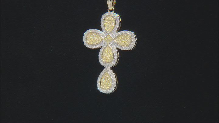 Natural Yellow And White Diamond 10k Yellow Gold Cross Pendant With 18" Singapore Chain 0.85ctw Video Thumbnail