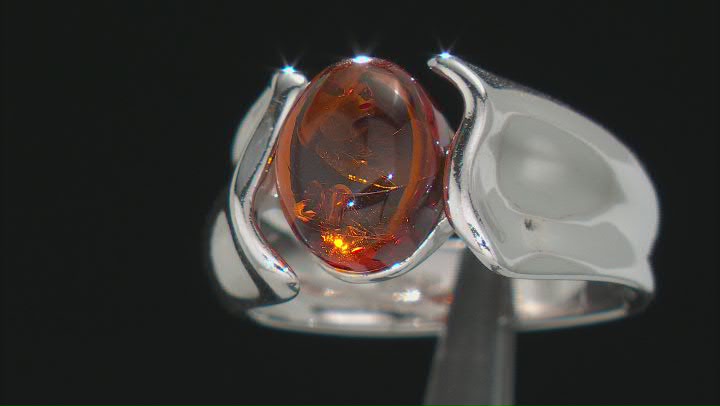 Brown Oval Cabochon Cognac Amber Rhodium Over Sterling Silver Solitaire Ring 10x8mm Video Thumbnail