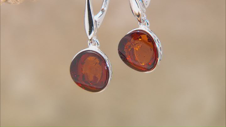 Round Cabochon Cognac Amber Rhodium Over Sterling Silver Dangle Earrings 10mm