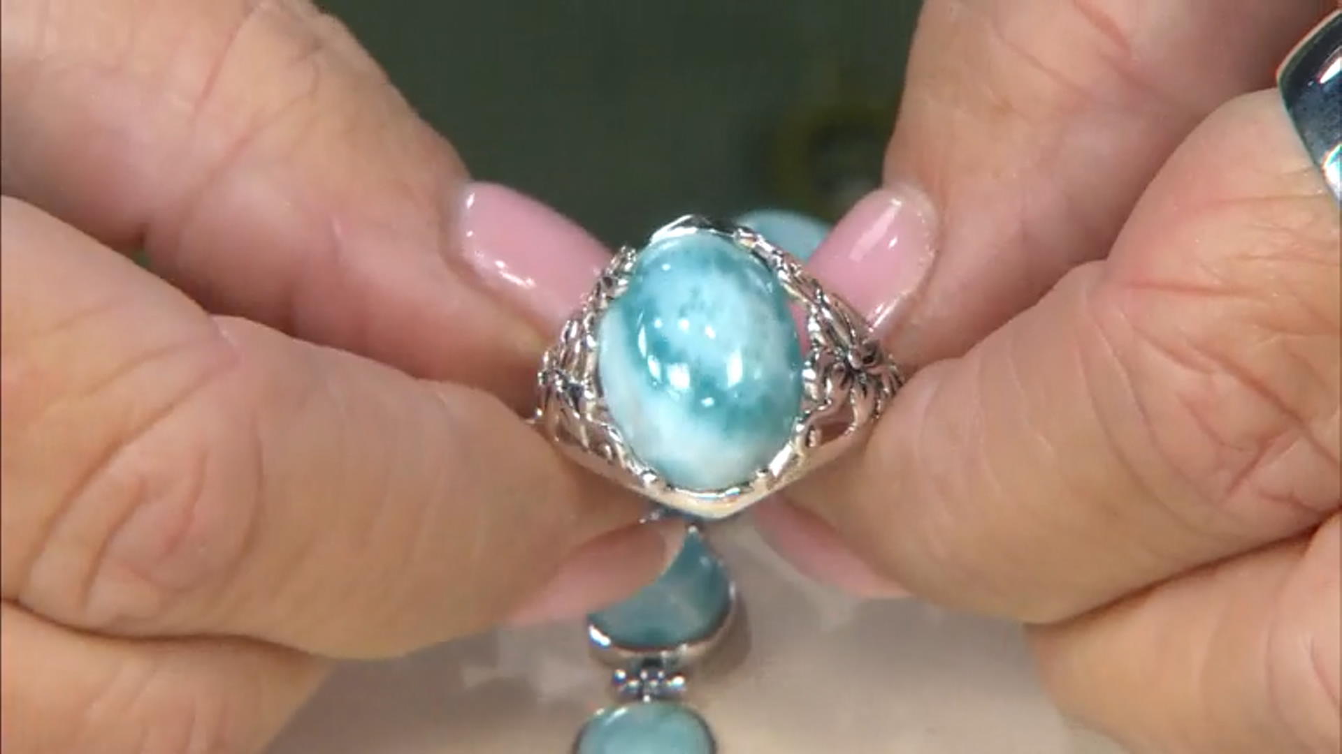 Blue Cabochon Larimar Sterling Silver Ring 16x12mm Video Thumbnail