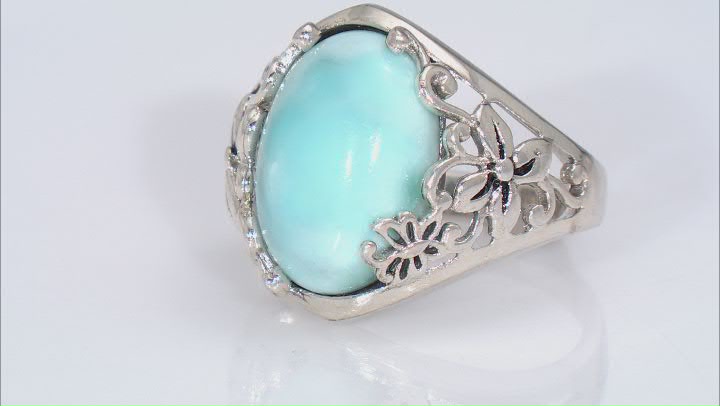 Blue Cabochon Larimar Sterling Silver Ring 16x12mm Video Thumbnail