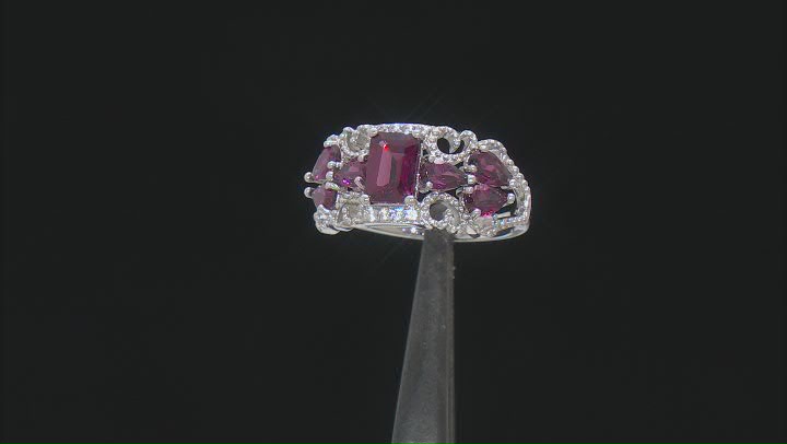 Raspberry Rhodolite With White Zircon Rhodium Over Sterling Silver Ring Video Thumbnail