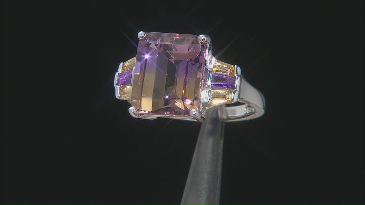 Bi Color Ametrine, Amethyst And Citrine Rhodium Over Sterling Silver Ring 5.14ctw Video Thumbnail