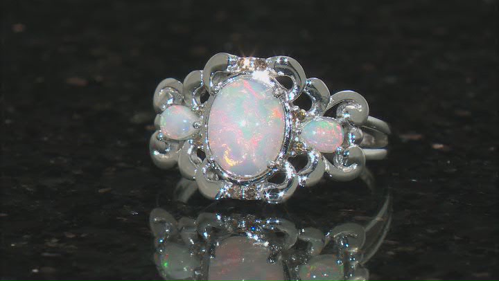 Oval Ethiopian Opal And Champagne Diamond Rhodium Over Sterling Silver Ring 1.14ctw Video Thumbnail