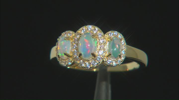 Ethiopian Opal And White Zircon 18K Yellow Gold Over Sterling Silver Ring 0.18ctw Video Thumbnail