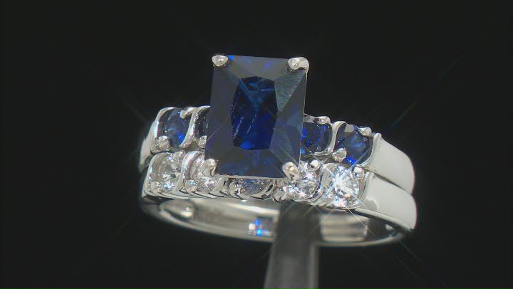 Blue Lab Created Sapphire Rhodium Over Sterling Silver Ring Set 3.56ctw Video Thumbnail