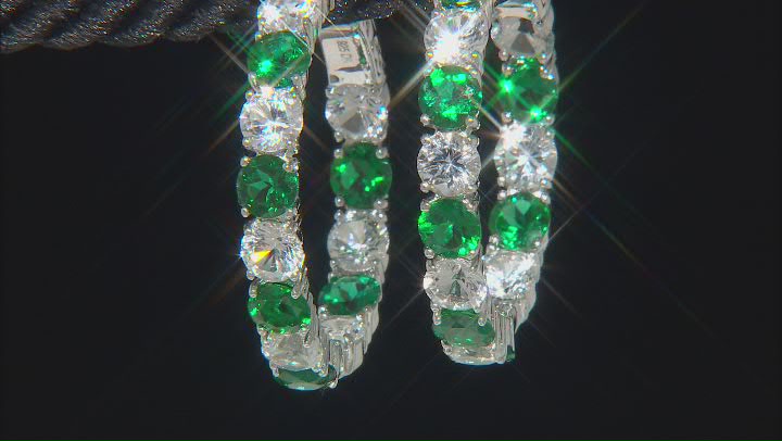 Green Lab Created Emerald Rhodium Over Sterling Silver Hoop Earrings 12.14ctw Video Thumbnail
