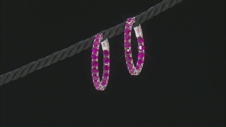 Red Lab Created Ruby Rhodium Over Sterling Silver Hoop Earrings 9.01ctw Video Thumbnail