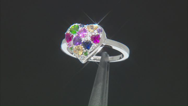 Multi-Gemstone Rhodium Over Sterling Silver Heart Ring 0.95ctw Video Thumbnail