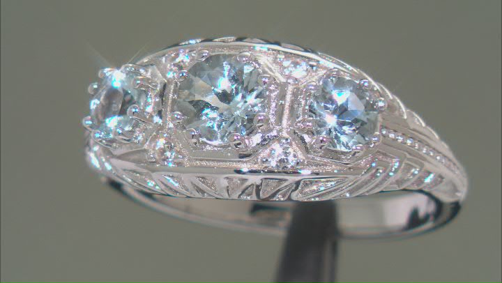 Blue Aquamarine Rhodium Over Sterling Silver Ring 0.89ctw Video Thumbnail