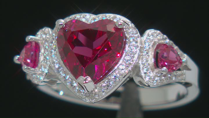 Red Lab Created Padparadscha Sapphire Rhodium Over Sterling Silver Heart Ring 3.91ctw Video Thumbnail