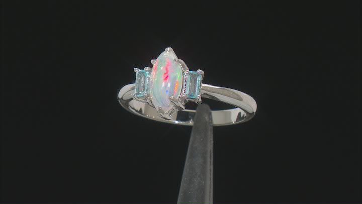 Multi Color Ethiopian Opal Rhodium Over Sterling Silver 3-Stone Ring 0.62ctw Video Thumbnail