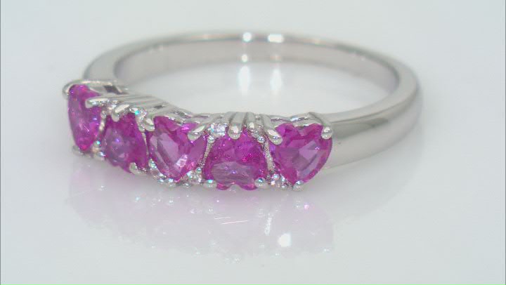 Pink Lab Created Sapphire Rhodium Over Sterling Silver Heart Band Ring 1.43ctw Video Thumbnail