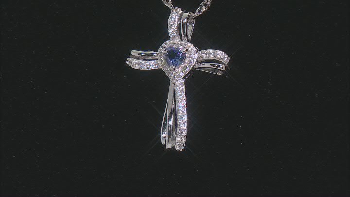 Tanzanite Rhodium Over Sterling Silver Cross Pendant With Chain 0.48ctw Video Thumbnail