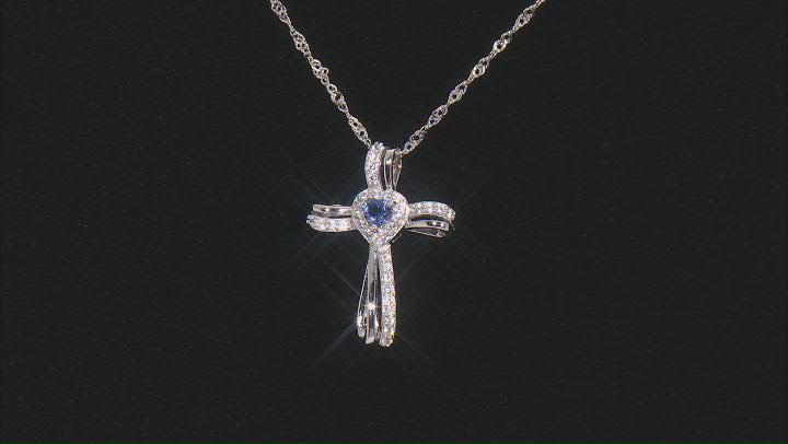 Tanzanite Rhodium Over Sterling Silver Cross Pendant With Chain 0.48ctw Video Thumbnail