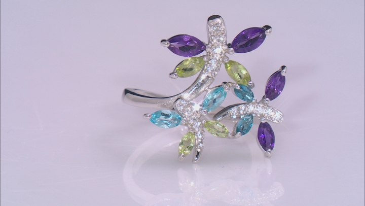 Multi Gem Rhodium Over Sterling Silver Butterfly Ring 1.66ctw Video Thumbnail