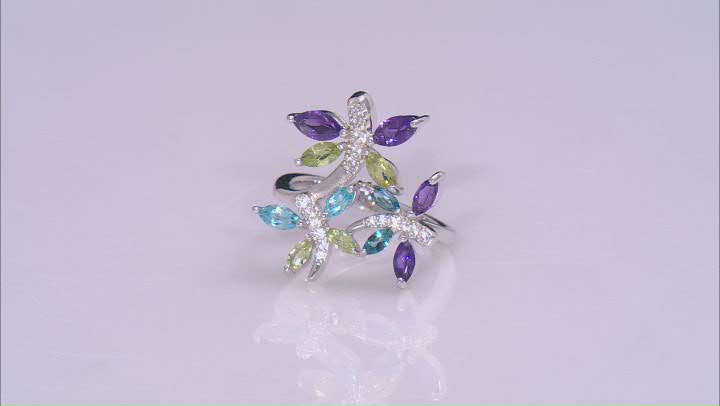 Multi Gem Rhodium Over Sterling Silver Butterfly Ring 1.66ctw Video Thumbnail