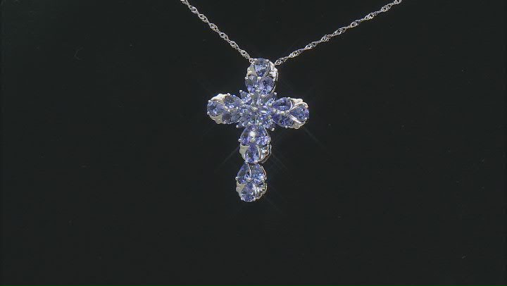 Blue Tanzanite Rhodium Over Sterling Silver Cross Pendant with Chain 5.36ctw Video Thumbnail