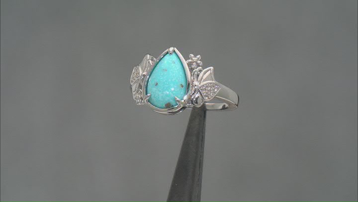 Blue Kingman Turquoise with White Zircon Rhodium Over Sterling Silver Ring 0.04ctw Video Thumbnail