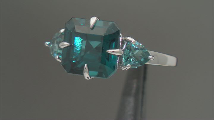 Teal Lab Created Spinel Rhodium Over Sterling Silver Ring 4.68ctw Video Thumbnail