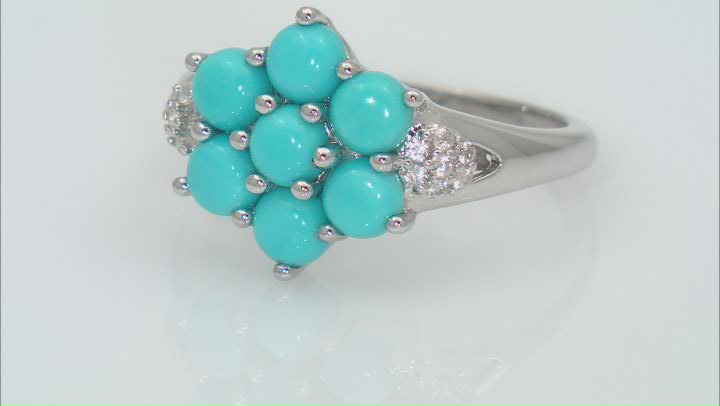 Blue Sleeping Beauty Turquoise Rhodium Over Sterling Silver Cluster Ring 0.12ctw Video Thumbnail