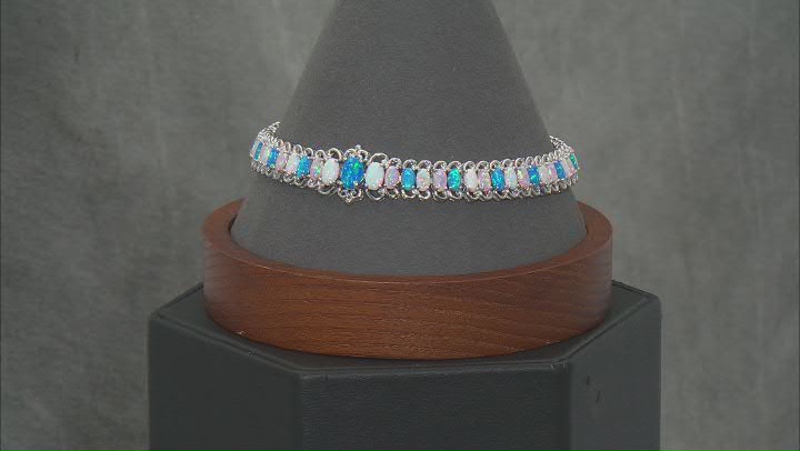 Multi Color Lab Created Opal Rhodium Over Sterling Silver Tennis Bracelet Video Thumbnail