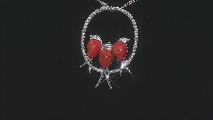 Red Coral Rhodium Over Sterling Silver Pendant with Chain 0.03ctw Video Thumbnail