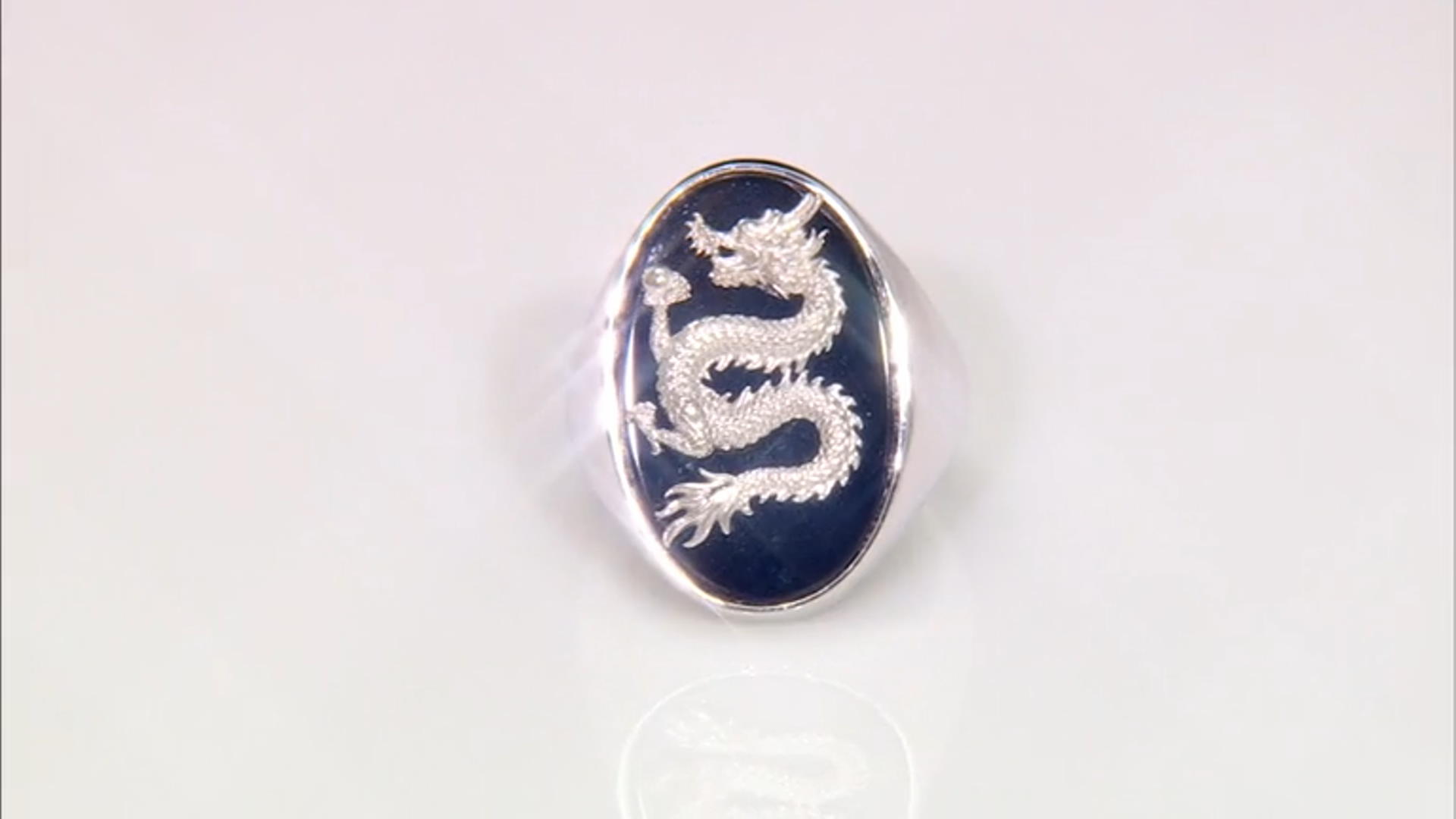 Black Onyx Rhodium Over Sterling Silver Men's Carved Dragon Ring Video Thumbnail