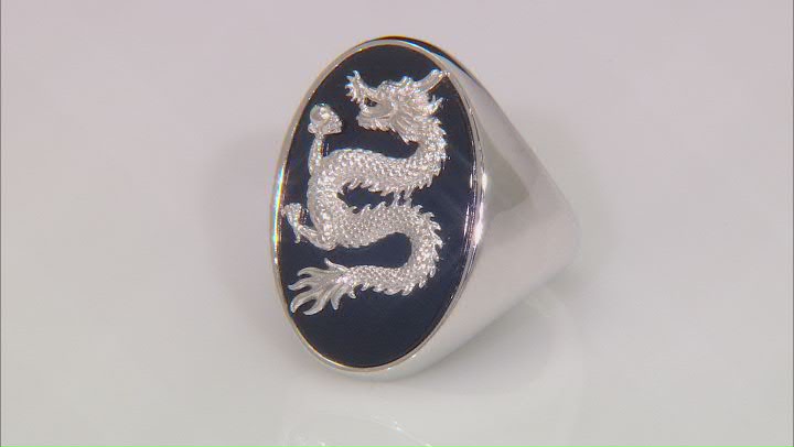 Black Onyx Rhodium Over Sterling Silver Men's Carved Dragon Ring Video Thumbnail
