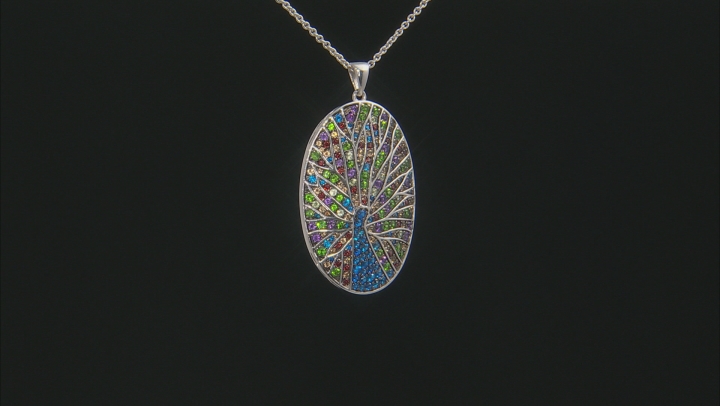 Multi-Gemstone Rhodium Over Sterling Silver Peacock Pendant with Chain 2.45ctw Video Thumbnail