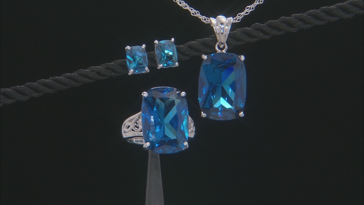 Blue Lab Created Spinel Rhodium Over Sterling Silver Boxed Set 38.00ctw Video Thumbnail